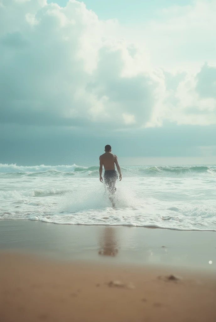 young man, smiling at sea,  20 anos, cabelos brancos, corte de cabelo de dois blocos , not shirt, vestindo um casaco de pele preto , Foto Realidade, pele de realidade, pele detalhada, olhos claros brilhantes, Biomechanicals, estranho, assustador, Pesadelo, cores muito brilhantes, light particles, com luz brilhante, Mshiff, Arte do papel de parede, Papel de parede UHD