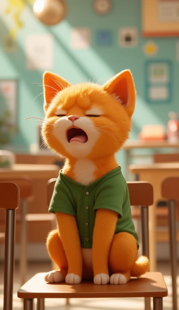"Orange kitten, wearing a green shirt and white shorts, crying, feeling stomach pain, sitting on a chair, in a school classroom setting."