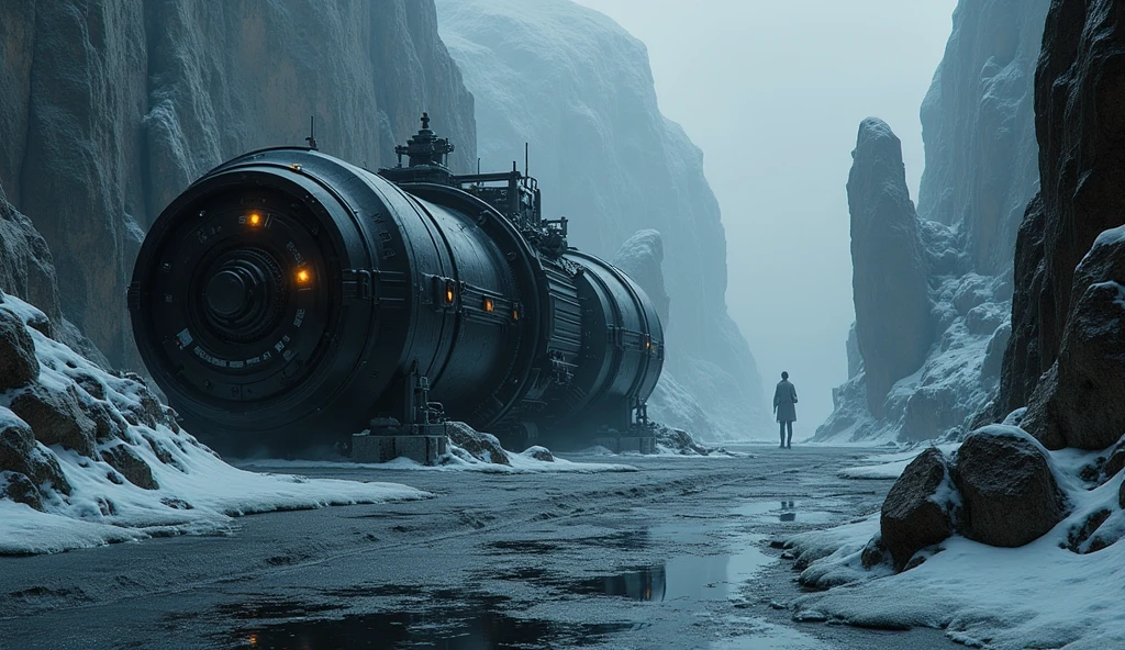 (masterpiece,ultra detailed,8k,photorealistic,cinematic lighting,dramatic lighting),(apocalyptic,snowy winter landscape),(beautiful young woman,23 years old,gorgeous european features,cleavage,long wavy brown hair,intense gaze,elegant pose),(giant futuristic spacecraft,high-tech shuttle,cold icy environment)