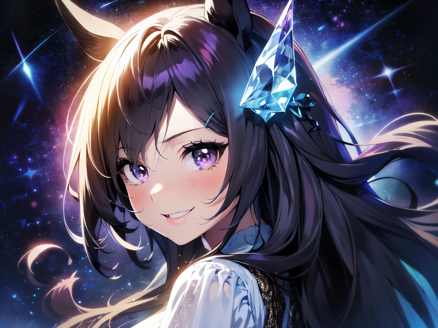 (Solo: 1.5), (Mature adult woman: 1.5), (Horse ears: 1.5), (Small face, sturdy build: 1.5), (Large breasts visible even through clothing), (Looking at the camera), (Cute big smile: 1.5), (Long black hair: 1.5), (Long sleeved light blue see-through lace dress: 1.5), (Beautiful woman turning around: 1.5), (Dark purple background, crystal, crystal space, starry sky: 1.5), (Strong wind), (Accurate human anatomy: 1.5), (Animated illustration: 1.5), (Amazing, high quality, high resolution), (Upper body focus: 1.5),