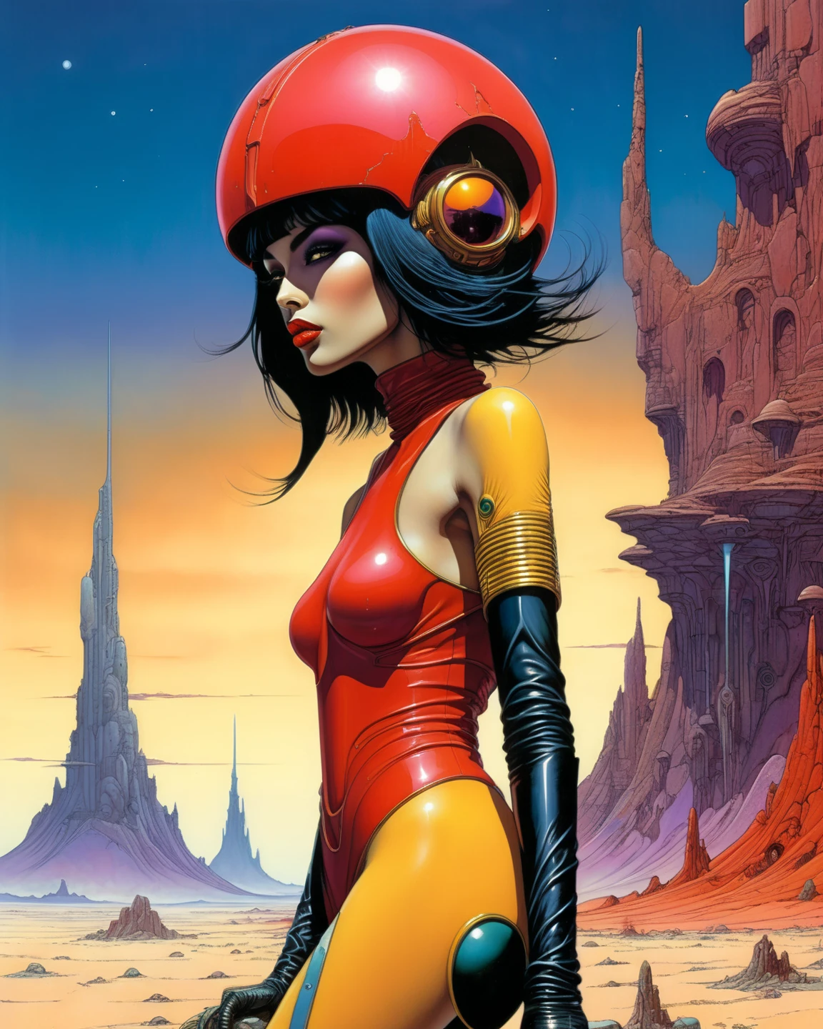 Richard Corben Style - an 80's heavy metal science fiction illustration in the style of Richard Corben art, desktop wallpaper style, sci fi, horror, cinematic illustrations, watercolor and acrylic ink painting style, an illustration that shows a
woman wearing a futuristic
outfit, in the style of richard
phillips, robotic expressionism,
jim burns, yoshitaka amano,
light magenta and silver, 1980s,
album covers