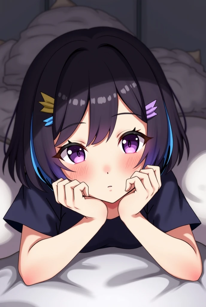 cute anime girl in black sweatshirt with short purple hair with big purple bunny ears with purple eyes