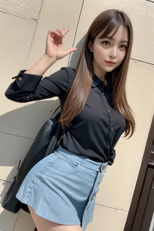 (8K、RAW Photos、Photorealsitic:1.4)、(eye line、eyeshadows、lipgloss、Eye lashes、Shiny face、shinny skin、best qualtiy、超A high resolution、depth of fields、chromatic abberation、Caustics、Wide range of lighting、Natural Shading、Viewers look at calm and euphoria、Perfect Anatomy、Sharp Focus、1 girl in、20yr old、Cute face、 （Light brown long hair）、thin lips、（Bigchest）、（Big breasts 1.5）、Narrow waist、Small waist、（(Put your hands behind your head to hide 1.3)）、（Plaid collared shirt）、（micromini skirt）、（Undersized brown shoulder bag）、（Photo above the knee）、（low angle1.2）、Pose from the front 1.2