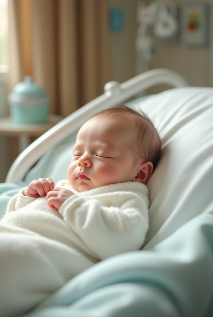 A newborn baby on a hospital gurney with the umbilical cord still attached