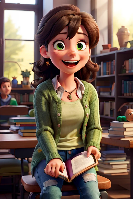A young Caucasian girl with long, wavy brown hair, DISTRIBUTING BOOKS TO STUDENTS, books in her both hands. a proud smile on her face. Cute face. Cute expressions. Students are happy holding books. free books.