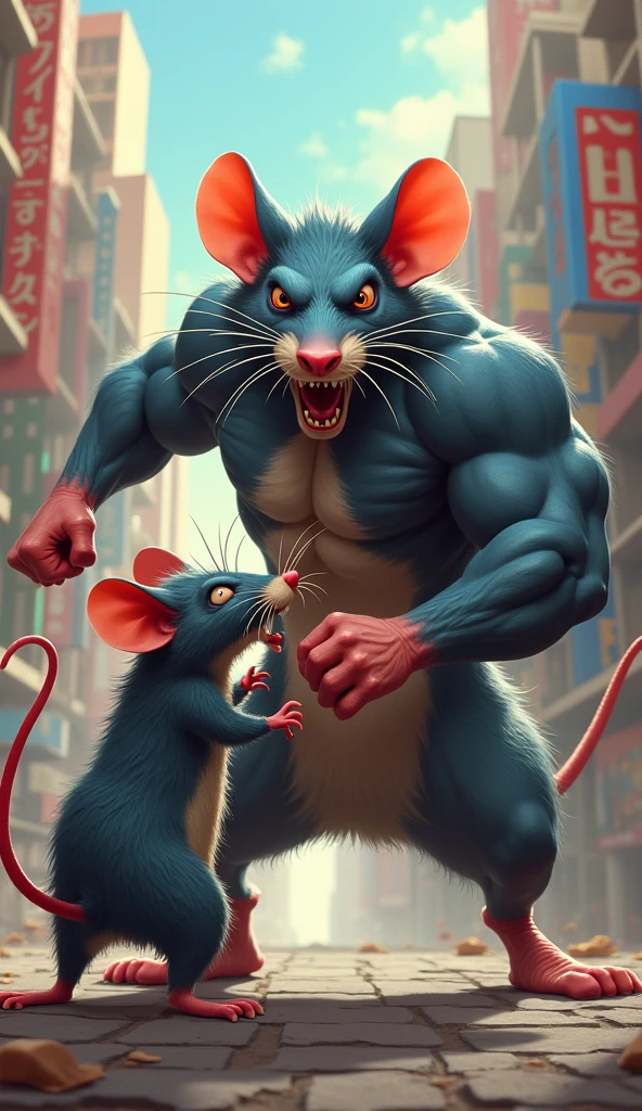 A large muscular orange mouse, very tall and muscular-abdominal man talking to a short, muscular black rat, He has green eyes, disney pixar style 3d.