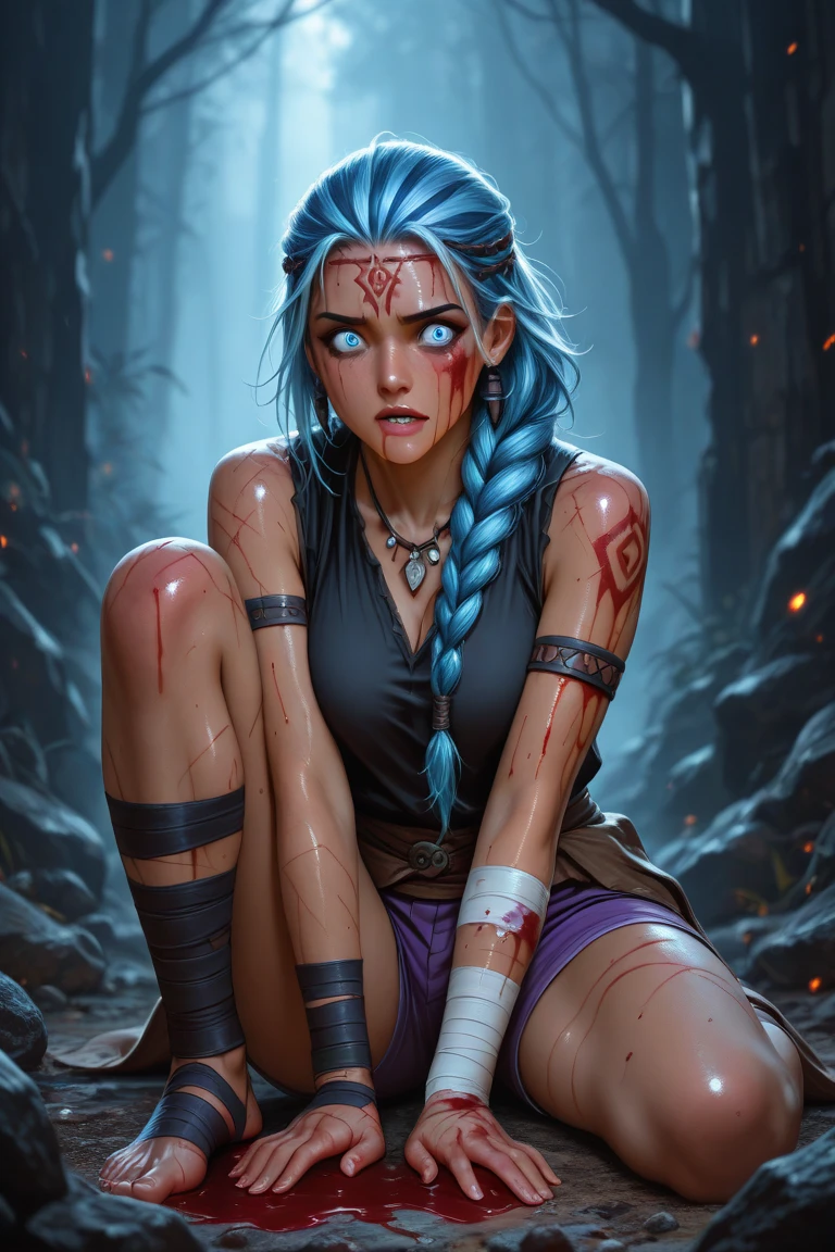 "Raw image of a woman with blue hair. The woman is lying face down on the stone floor, sporting a serious expression and with traces of blood on her face. The camera focuses on her face, while wearing minimal clothing and cloth underwear. The lighting is dark and you are in a cave"