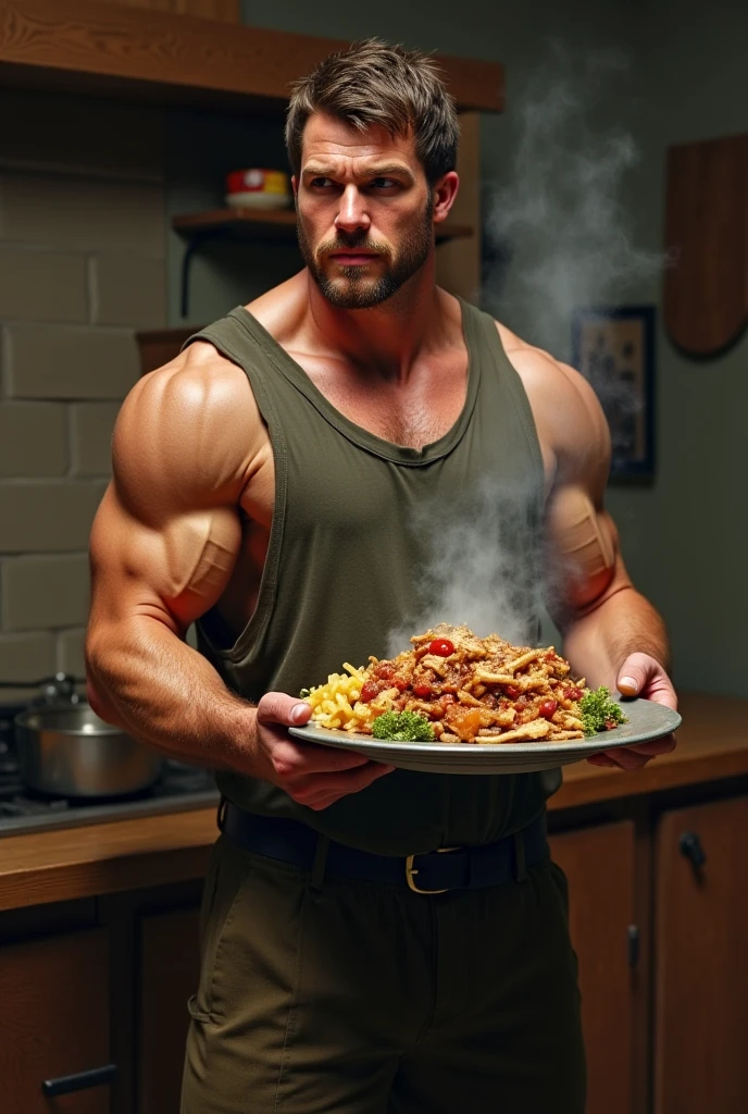 1 sexy boy with wavy hair that covers half of his face and very handsome, super strong with a lot of muscle., completamente desnudo, use a very small chef&#39;s apron, revelador, sexi, aceitoso.