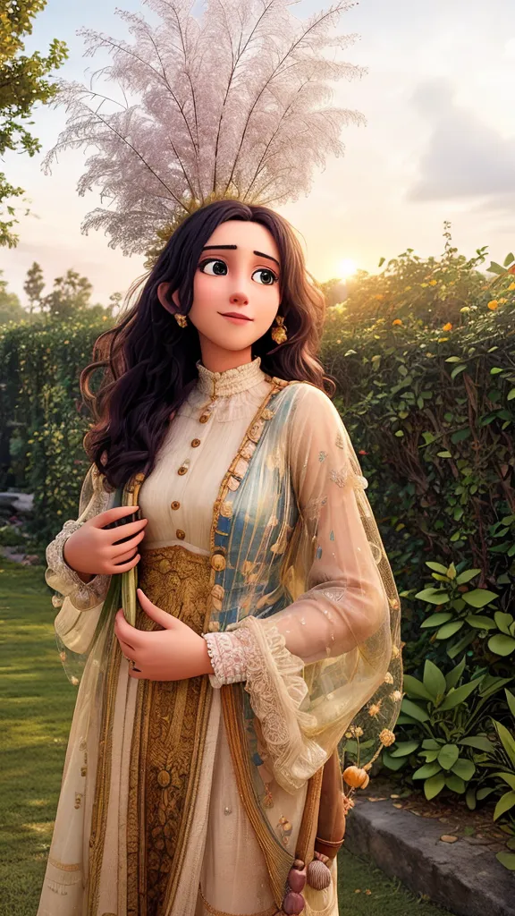 Amidst the vibrant tapestry of blooming flowers, under the gentle caress of sunlight, an Indian girl stands, her smile reflecting the joy of nature's embrace.