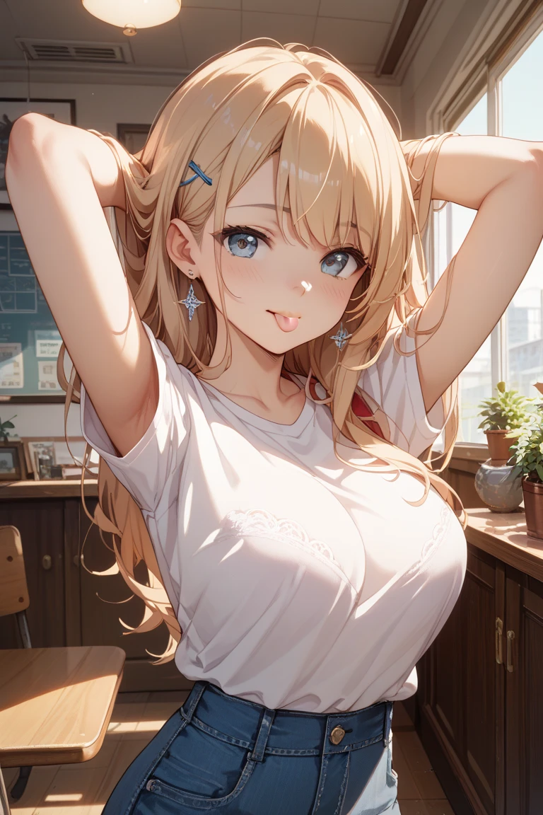 1girl, natural lighting, masterpiece, highly detailed, illustration, game CG, absurdres, high quality, aichan, large breasts, beautiful detailed eyes, detailed hair, glossy lips, blush, school, white shirt, black pleated miniskirt, very curly hair, ((strawberry blonde hair)), cheerleader, collarbone, midriff, arms above head, stretching pose
