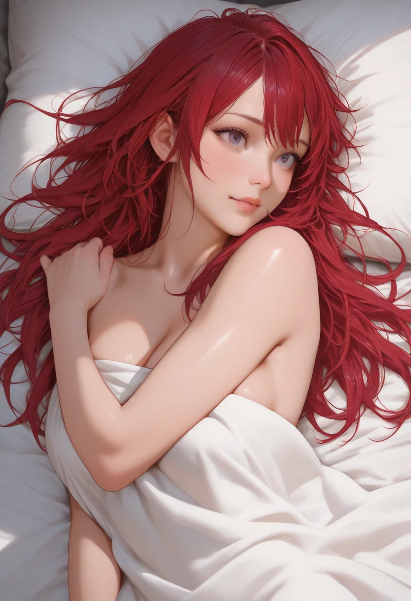 (masterpiece, best quality, beautiful and aesthetic:1.3), Elegant mature woman, 1woman, long hair, bright pink hair, (small breast:1.0), red eyes with slit pupils, sparkle in the eyes, naked, (bottomless), looking at the viewer, small details, detailed face, in the dark, deep shadow, discreet key, Pure erotic face ace_V1, (lying on your back in bed), (from above), bedroom, light smile, embarrassed, 