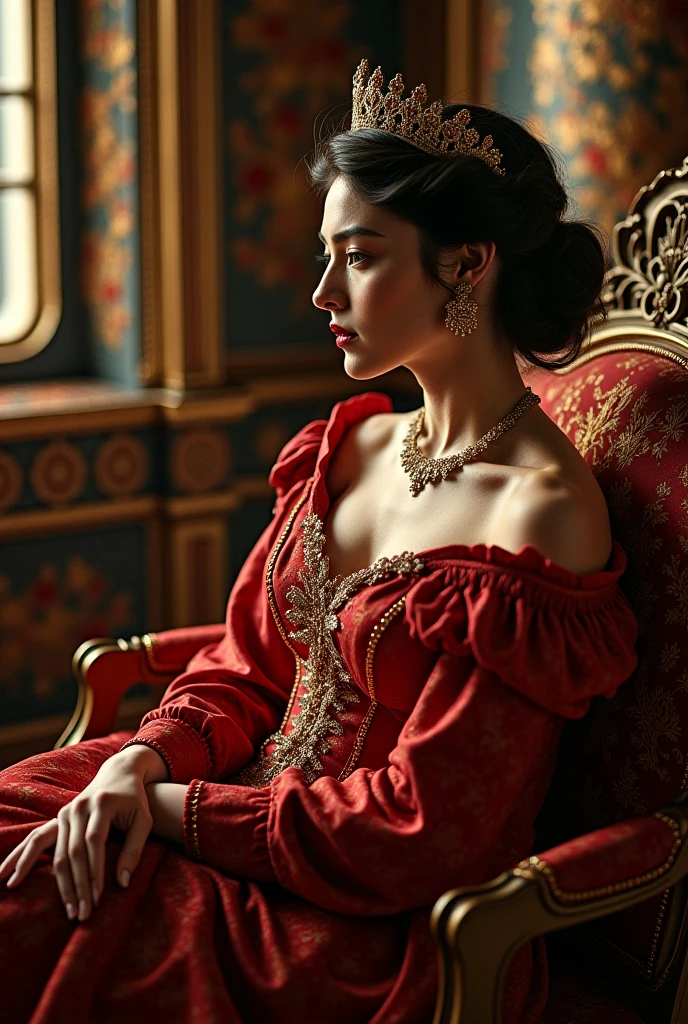(realistic:1.3), finely detailed, quality, rembrandt lighting, (masterpiece:1.2), (photorealistic:1.2), (best quality), (detailed skin:1.3), (intricate details), dramatic, ray tracing, 1girl, french girl, 21 years old, detailed skin texture, (blush:0.5), (goosebumps:0.5), subsurface scattering, smiling, medium breasts, edgJG fashion, red long dress, gold embroidery, wearing edgJG_style clothing, (bright sunny day), <lora:edgGalliano:1>