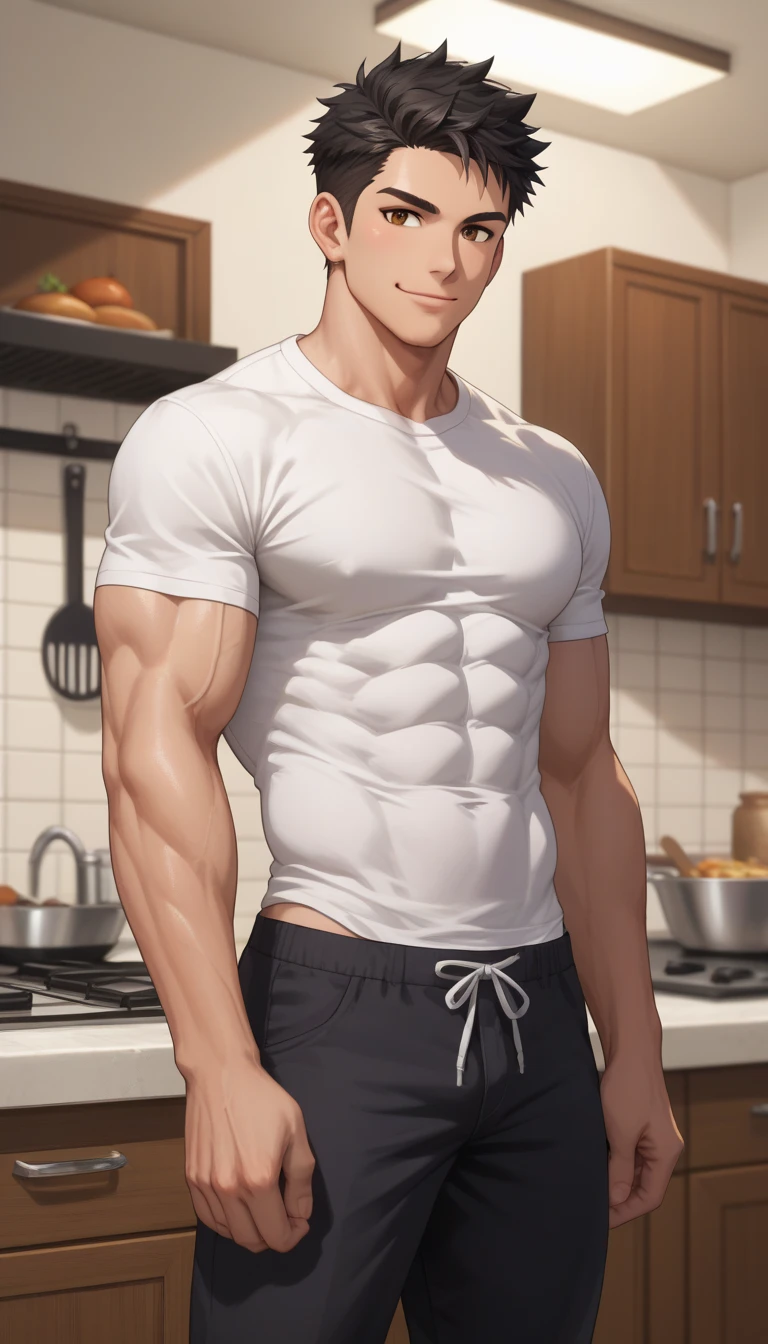 handsome man,Not wearing a shirt,white skin,Handsome face,Shirtless,Full HD,masterpice,short hair,Arm muscles,Chest muscles,smiling, happy,Wear cream-colored shorts.,V Shape,making pastry dough,Enter the kitchen in pastel colors.,Beat flour to make dessert,male body,sexy body,Cake chocolate,Handsome face,brown hair,Moisturized mouth,Seductive eyes,Topless,blue eyes,whipped cream,4K,Beat the pastry dough,perfect body,perfect Abs,Show off body