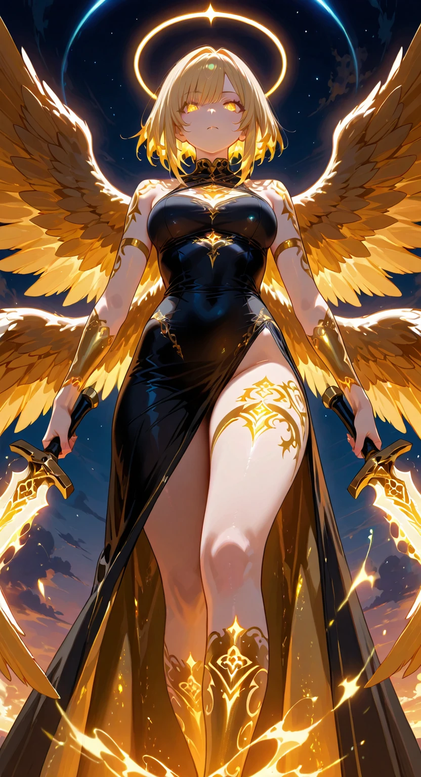 goddess of angels golden swordsman with wings, blondie hair, perfect hands, golden shine, fictional figure body hands on waist, sexy movement pose, swords around the body
