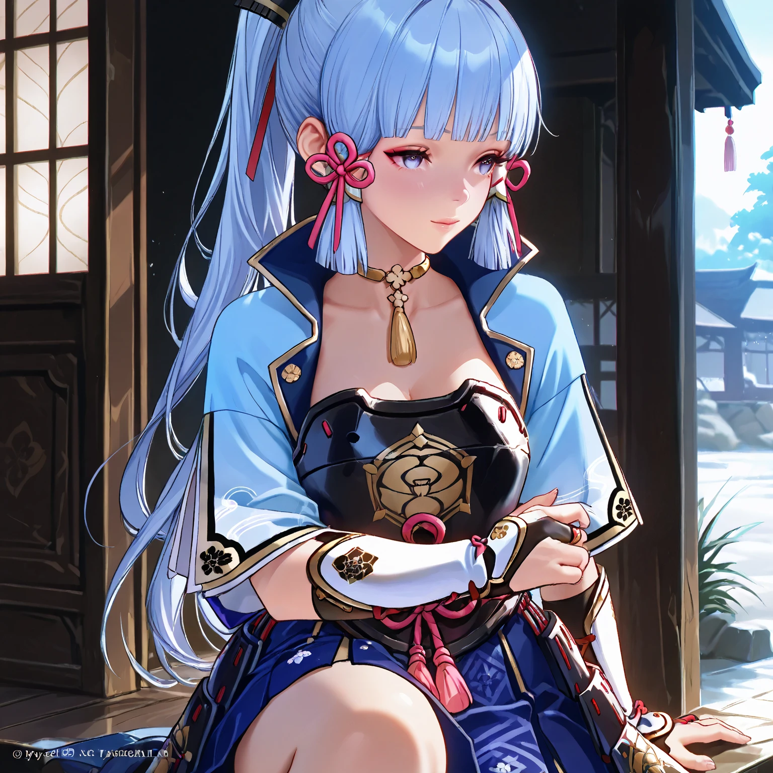 (best quality, masterpiece:1.1), cowboy shot, looking down, (1female), boring face, crimson hair, asymmetrical bangs, curly hair, silver colored hair ribbon, blue african clothes, hair ornaments, jewelry, (tribe, tribal:1.2), ((graffiti on character:0.3), (Ink swirling around the character:1.2)),
