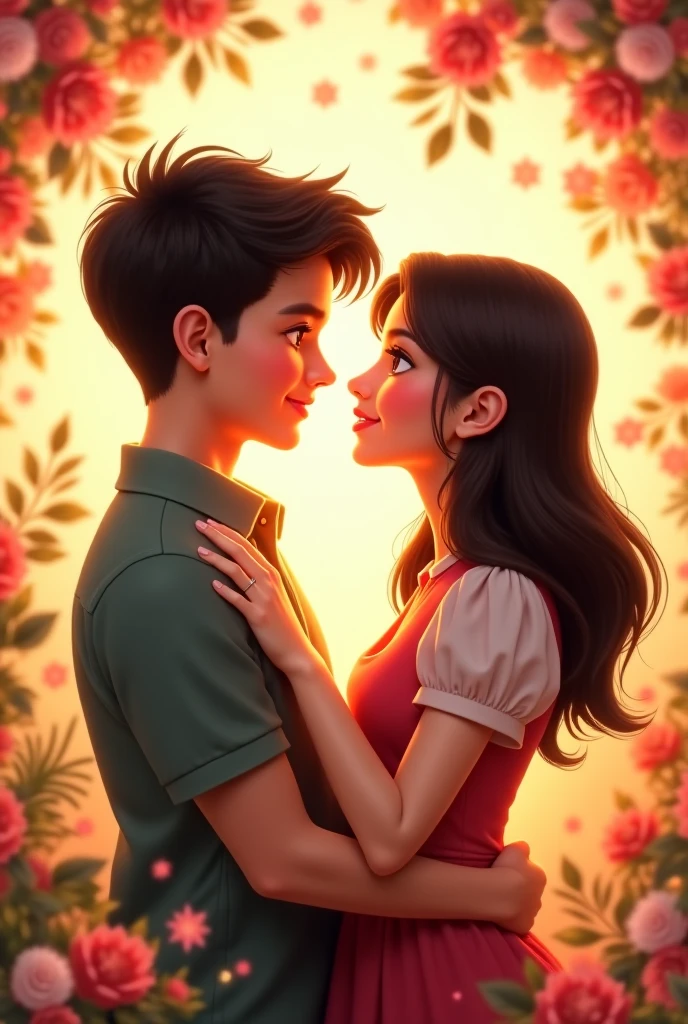 Animated Disney drawing of a slightly chubby young couple with loose t-shirts, a black-haired man and a dark-brown-haired woman with a Disney background and matching clothes and hugging each other