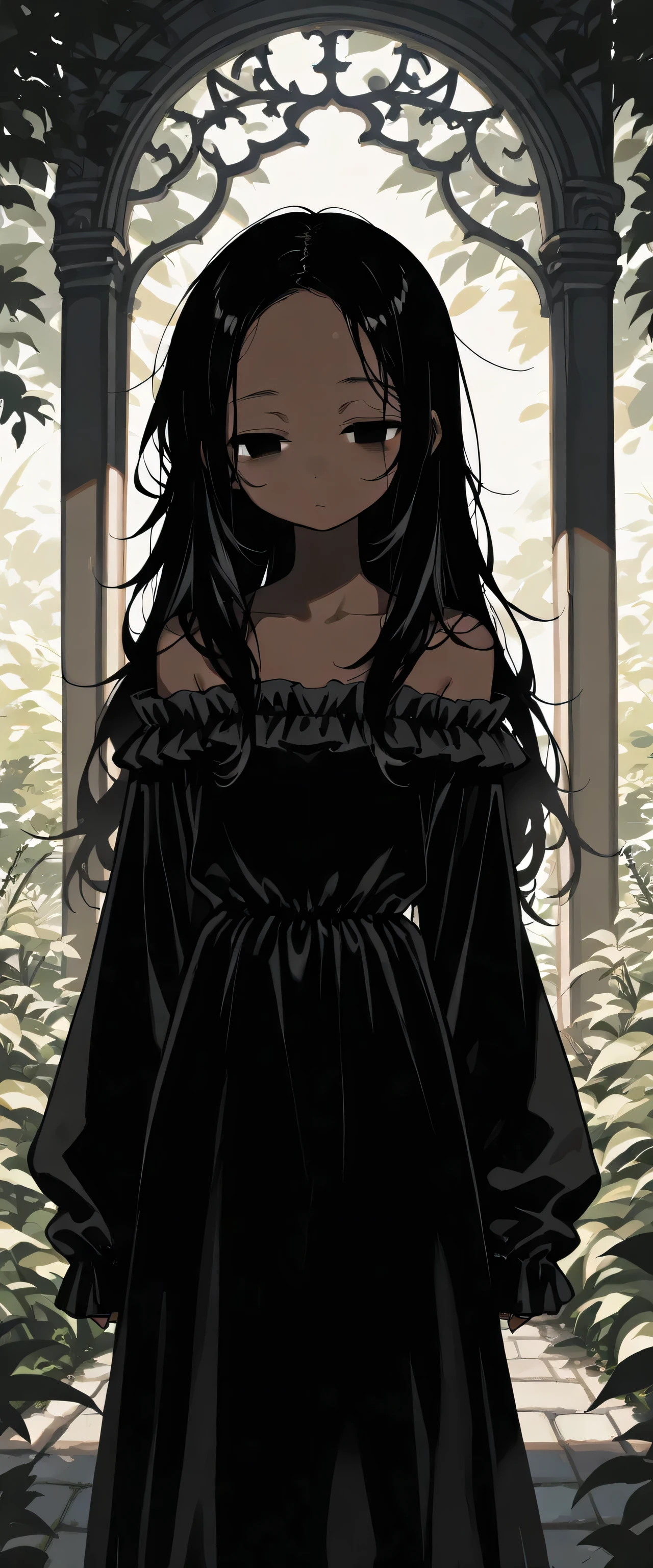 (boyish girl, solo, brown skin,,forehead:1.4, dragon,,),,(),(cool:1.5, beautiful:1.0),,,,(half-closed eyes,,,,),(long black hair, black eyes,,),,(slant eyes),,(,,off-shoulder black dress),,, (sleeves past wrists) , (beautiful detailed eyes, deep shadows),pictures, garden, createconcept, addmicrodetails
