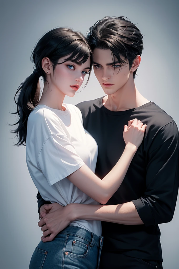 A tall handsome young man with black hair, with long black hair gathered in a tight ponytail, short bangs, black eyes, he is wearing a white T-shirt and white jeans and he hugs an incredibly beautiful femme fatale young woman, she has a pink hair with a very short haircut standing next to him, she has brilliant green eyes, She is wearing a simple black dress. Masterpiece, perfect image, realistic pictures, detailed face study, full-length image, 8k, detailed image. an extremely detailed illustration, a real masterpiece of the highest quality, with careful drawing. Sasuke Uchiha and Sakura Haruno