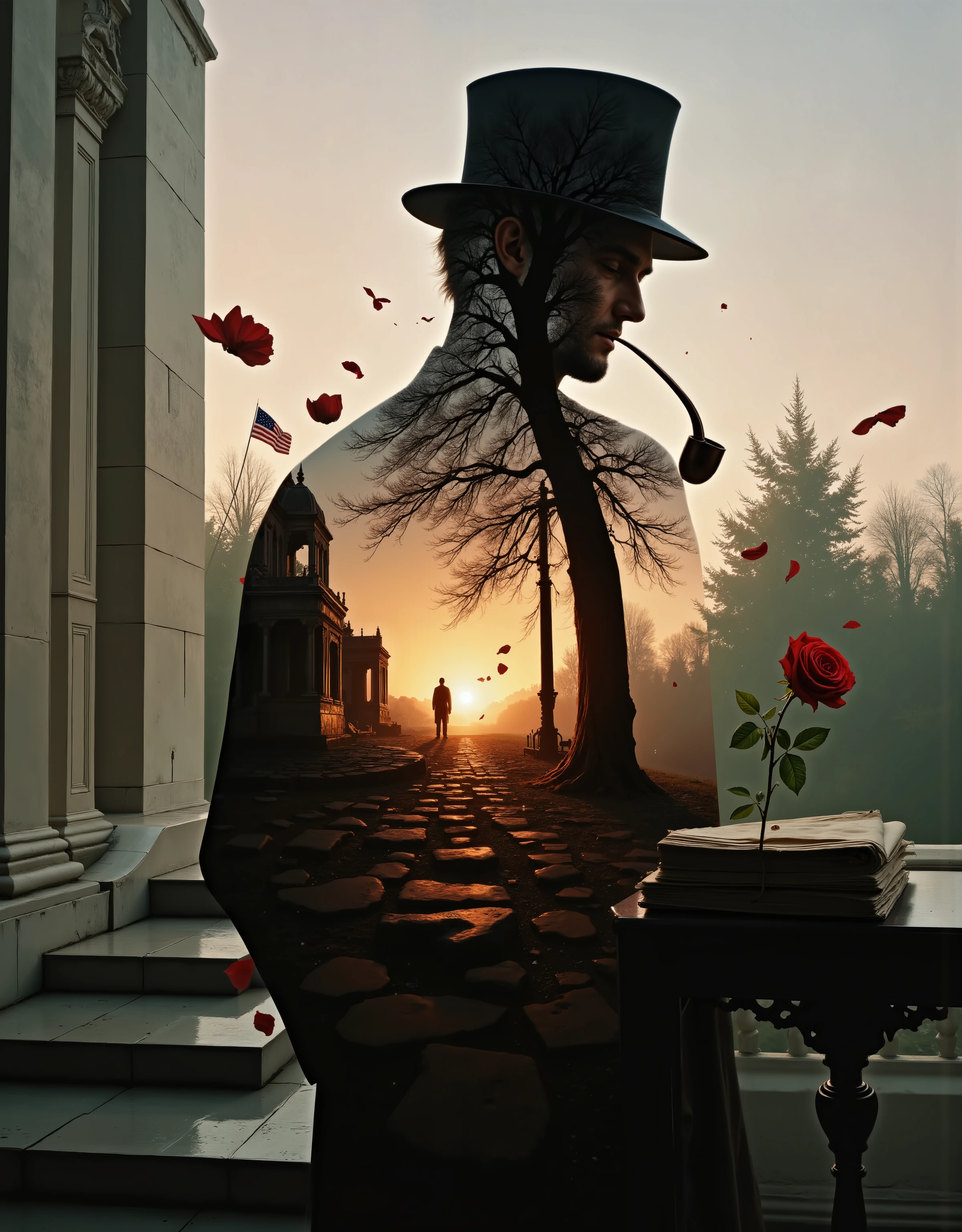 A breathtaking double exposure digital painting feA hyper-realistic, cinematic digital painting in double exposure style. A towering transparent silhouette of Abraham Lincoln, solemn and contemplative, dominates the composition—his iconic stovepipe hat and long coat blending seamlessly into the background. Within his translucent figure, bathed in a warm, ethereal light, lies a deeply symbolic scene: a single, perfectly blooming deep red Mr. Lincoln rose resting atop the stone steps of the Lincoln Memorial at dawn.
The sky glows with muted pinks and amber light, casting long shadows across the steps. American flags hang motionless in the still morning air. The rose’s petals glisten with dew, and a soft breeze stirs the leaves of nearby cherry trees. The image evokes reflection, loss, and enduring hope.
The overall palette leans toward deep crimson, charcoal, and amber tones, with ultra-detailed textures—fabric, marble, petals—rendered in 8K clarity. The mood is reverent, solemn, and powerful, capturing the essence of Abraham Lincoln’s legacy throuaturing a transparent silhouette of Sherlock Holmes in profile, his coat flowing and pipe in hand. Inside his silhouette, the serene English countryside at sunrise glows softly—Holmes stands in a conservatory or drawing room, gazing pensively at a single blooming rose in a vase, its deep red petals glowing against the soft morning light. The interior is richly Victorian, with wooden panels, morning sun filtering through lace curtains, and an open window that reveals a peaceful garden. A folded copy of the recovered naval treaty rests untouched on the table. The outer silhouette fades into a dark green and burgundy palette, with subtle floral overlays. The atmosphere evokes quiet philosophical reflection—beauty over logic, emotion over reason. Ultra-detailed, hyper-realistic style with soft lighting, 8K resolution, ethereal textures, and rich vintage color grading. A tribute to the contemplative closing of The Naval Treaty.