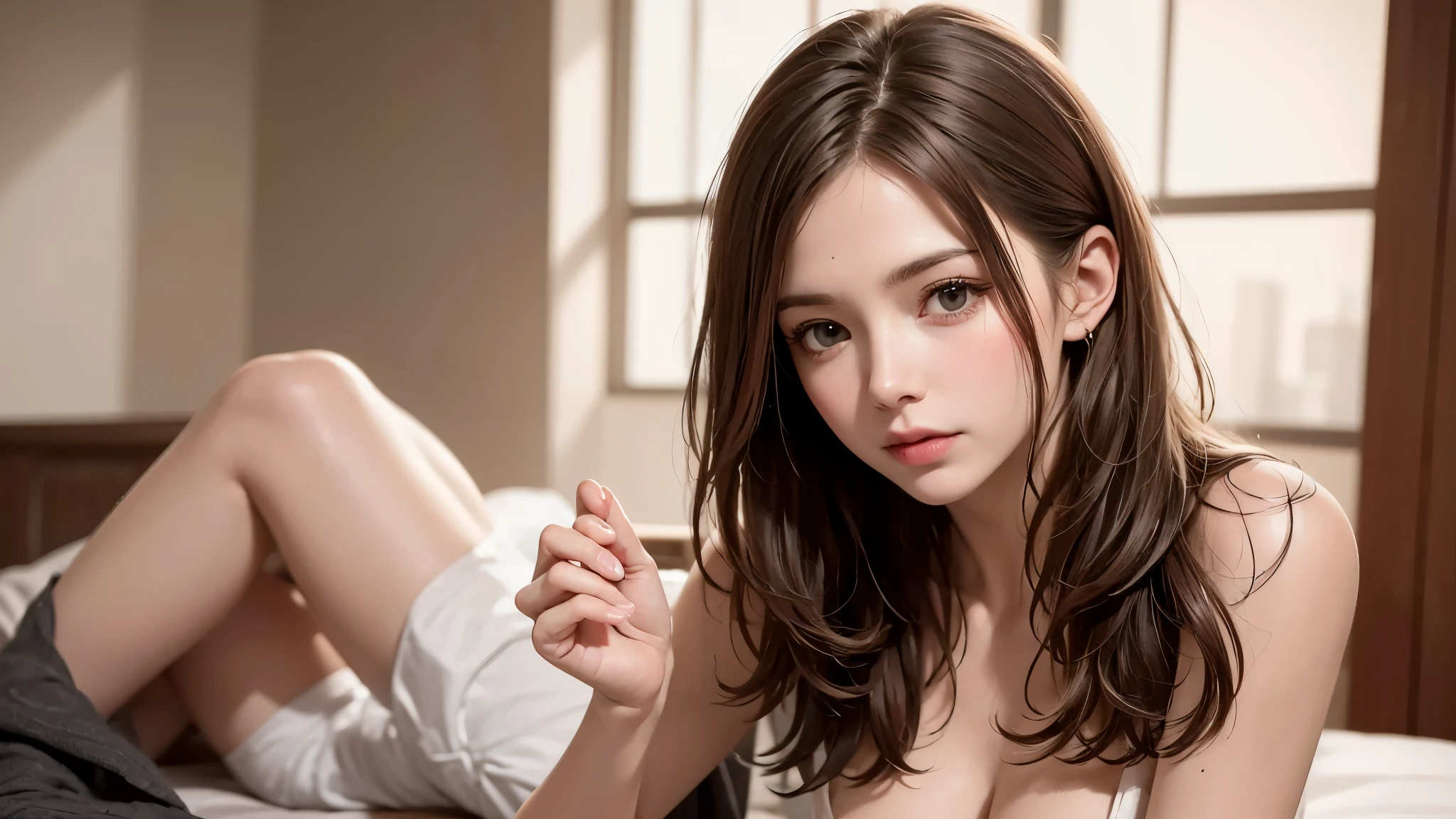 best quality, 1 serene 18-year-old girl is laying on her side on the bed, ((She is wearing no clothing, small breasts and slender hips)), Her long brown hair cascades down her shoulders, framing her face in soft waves.), Her brown eyes are realistic and detailed, She wears no clothing. Her natural skin texture is finely depicted, with pores and imperfections adding to her authentic beauty. A sweet, shy smile graces her lips, (she is wearing no clothing), dramatic lighting illuminates her form, casting long shadows, not wearing clothing