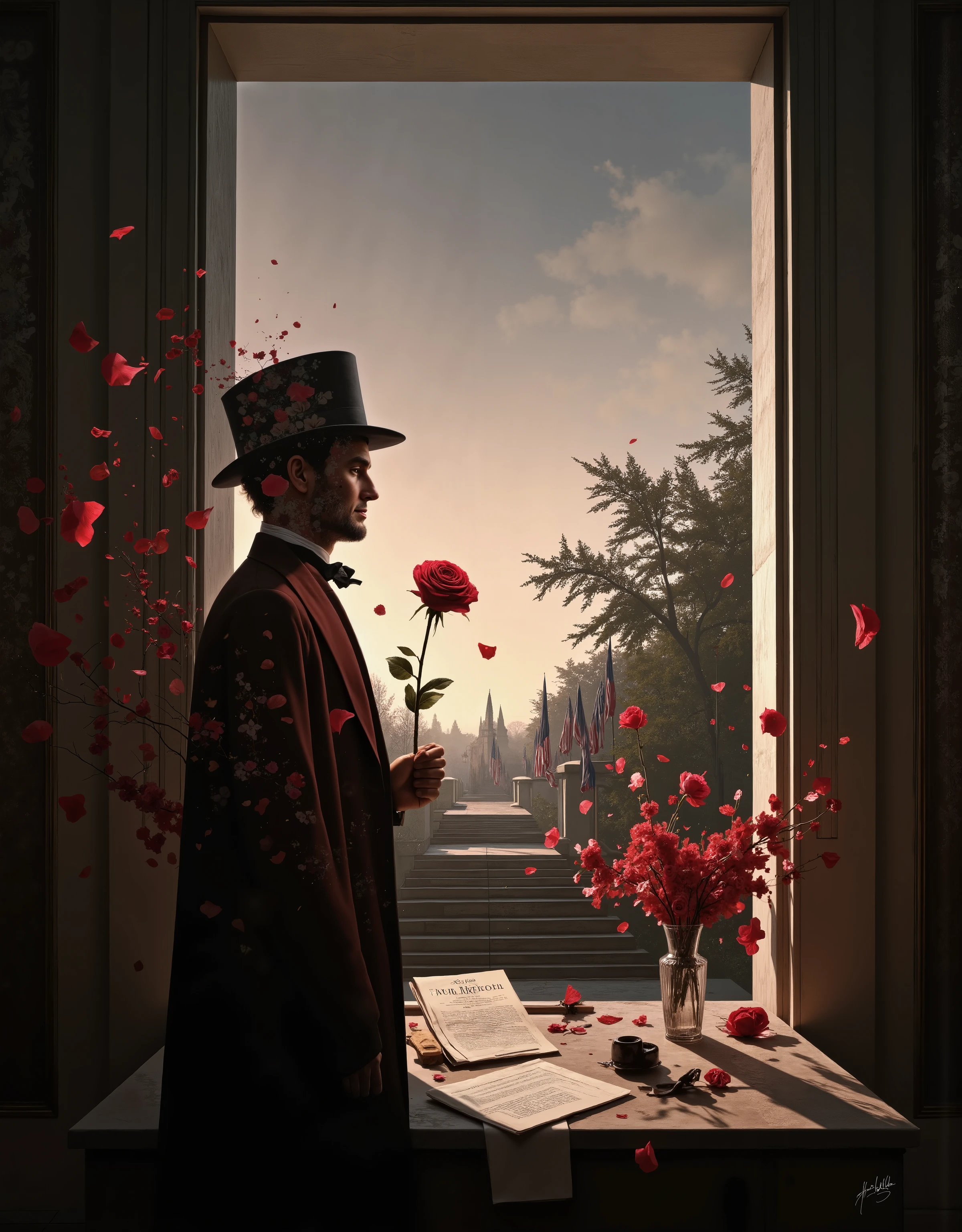 A breathtaking double exposure digital painting feA hyper-realistic, cinematic digital painting in double exposure style. A towering transparent silhouette of Abraham Lincoln, solemn and contemplative, dominates the composition—his iconic stovepipe hat and long coat blending seamlessly into the background. Within his translucent figure, bathed in a warm, ethereal light, lies a deeply symbolic scene: a single, perfectly blooming deep red Mr. Lincoln rose resting atop the stone steps of the Lincoln Memorial at dawn.
The sky glows with muted pinks and amber light, casting long shadows across the steps. American flags hang motionless in the still morning air. The rose’s petals glisten with dew, and a soft breeze stirs the leaves of nearby cherry trees. The image evokes reflection, loss, and enduring hope.
The overall palette leans toward deep crimson, charcoal, and amber tones, with ultra-detailed textures—fabric, marble, petals—rendered in 8K clarity. The mood is reverent, solemn, and powerful, capturing the essence of Abraham Lincoln’s legacy throuaturing a transparent silhouette of Sherlock Holmes in profile, his coat flowing and pipe in hand. Inside his silhouette, the serene English countryside at sunrise glows softly—Holmes stands in a conservatory or drawing room, gazing pensively at a single blooming rose in a vase, its deep red petals glowing against the soft morning light. The interior is richly Victorian, with wooden panels, morning sun filtering through lace curtains, and an open window that reveals a peaceful garden. A folded copy of the recovered naval treaty rests untouched on the table. The outer silhouette fades into a dark green and burgundy palette, with subtle floral overlays. The atmosphere evokes quiet philosophical reflection—beauty over logic, emotion over reason. Ultra-detailed, hyper-realistic style with soft lighting, 8K resolution, ethereal textures, and rich vintage color grading. A tribute to the contemplative closing of The Naval Treaty.