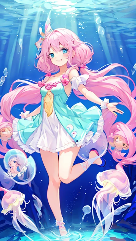 anime key visual, 1 girl fullbody, solo, symmetrical face, front view, looking at camera, shocked, waved hair, pink eyes, surrounded by bubbles, floating in the air, glowing, masterpiece, best quality , dreamy, sexy, colorful, elve, elve ears, lewd,