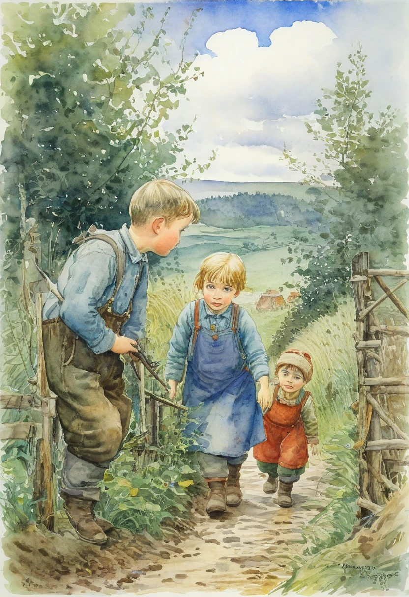 painting of a boy sitting on a fence with a bird in his hand, classic children's illustration, full color illustration, story book illustration, inspired by Jessie Newbery, published art, storybook illustration, illustration for children, style of john blanche, inspired by John Maggs, by Albert Swinden, art style of john blanche, a storybook illustration