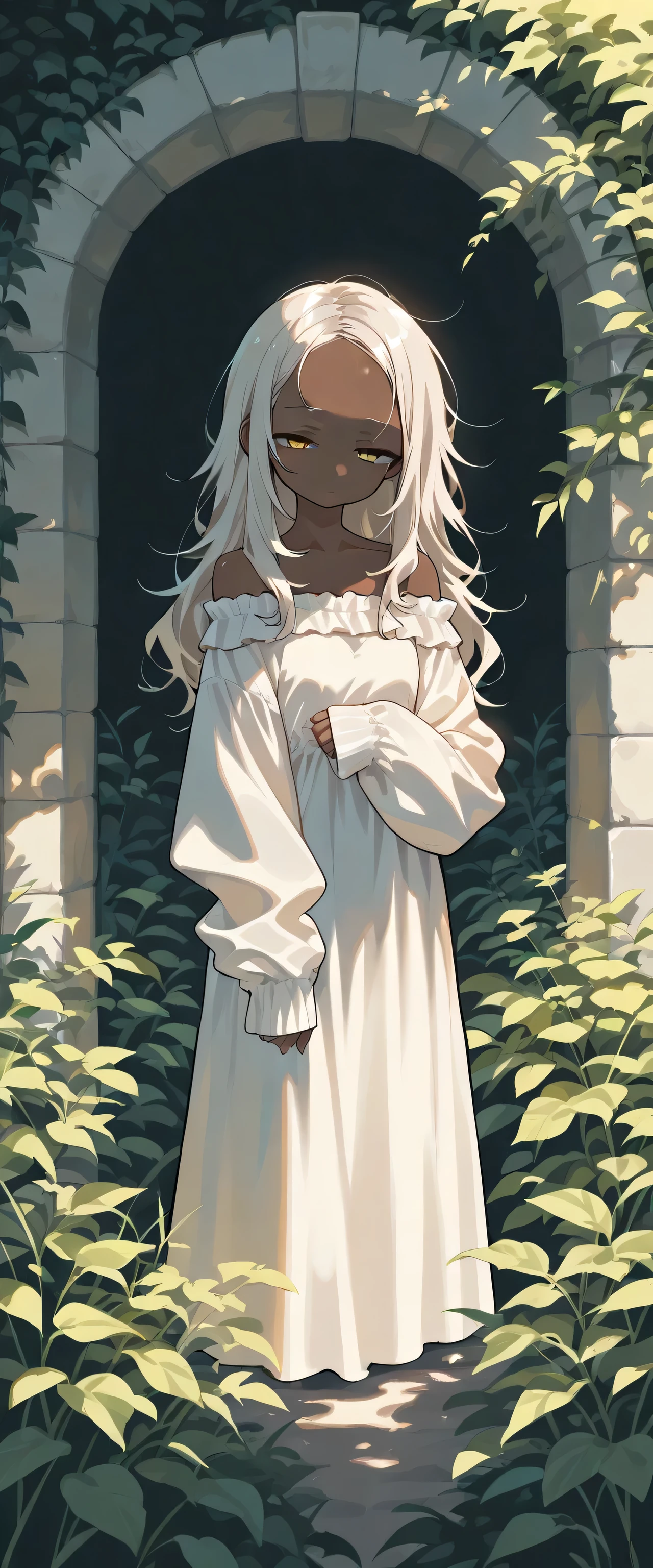 (boyish girl, solo, brown skin,,forehead:1.4, dragon,,),,(),(cool:1.5),,,,(half-closed eyes,,,,),(long hair,,,),,(slant eyes),,(,,off-shoulder dress),,, (sleeves past wrists) , (beautiful detailed eyes, deep shadows),pictures, garden, createconcept, addmicrodetails