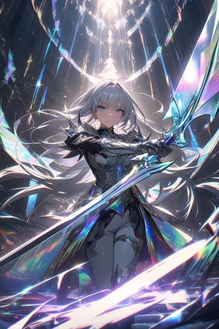 1girl, japanese armor, dynamic pose,white hair, purple eyes, floating sword, blue flames, glowing weapon, light particles, wallpaper, chromatic aberration, (masterpiece) and (best quality)
