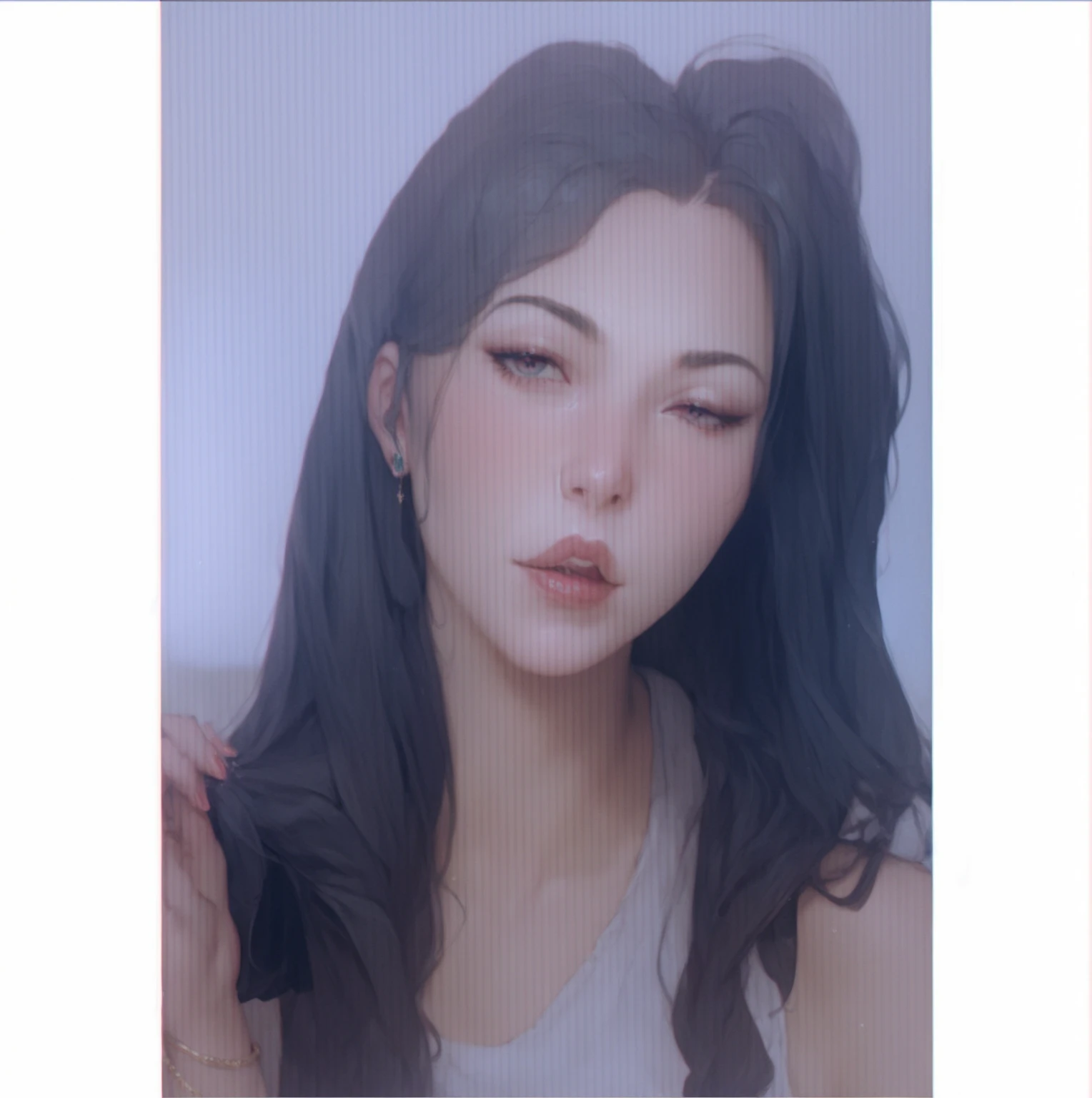 1girl, solo, long hair, black hair, written clothes, brown eyes, looking at the viewer, beanie, lips, upper body, closed mouth, shirt, earrings, https://i.postimg.cc/tCDfNDvp/Screenshot-20230606-212445.png
