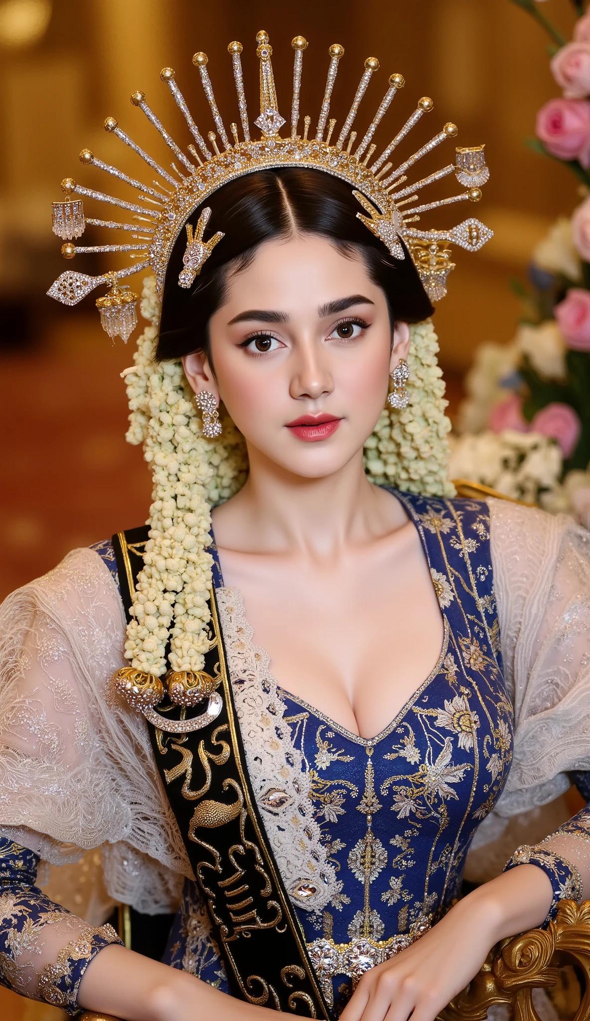 portrait of etheral goddess, intricate, elegant, highly detailed, digital painting, artstation, concept art, smooth, sharp focus, illustration, art by artgerm and greg rutkowski and alphonse mucha and william - adolphe bouguereau and stephanie law , epic royal background, big royal uncropped crown, royal jewelry, robotic, nature, full shot, symmetrical, Greg Rutkowski, Charlie Bowater, Beeple, Unreal 5, hyperrealistic, dynamic lighting, fantasy art