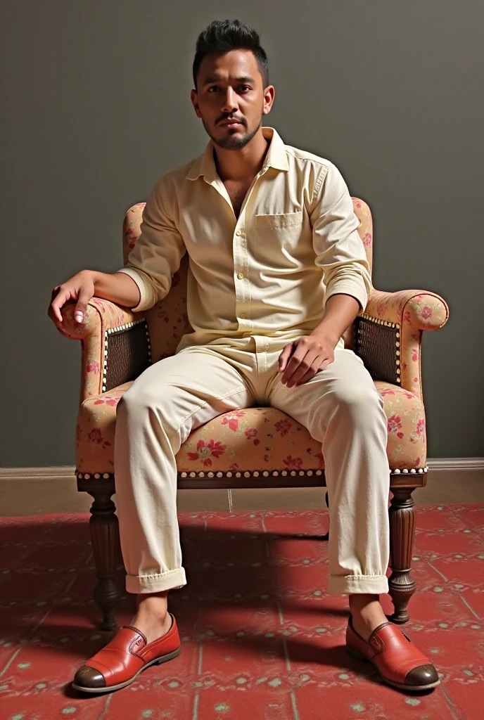 Create a 3D illusion for a profile picture where a 22 Year old cute boy in a white shirt Sitting casually on a Wingback chair. Wearing sneakers, he looks ahead. The background features "Md Mehedi Hasan" in big and capital Yellow neon light fonts on the dark grey wall. There should not be his shadow, and there are wings to make it appear as if he is an angel
He has a medium sized beard on his face