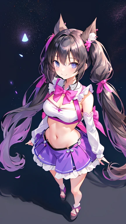 highest quality,wonderful,finely,extremely detailed CG Unity 8K wallpaper, (girls, cute eyes, (magical pink girl outfit,frill mini skirt:1.1), Black Hair, blue eyes, side ponytail, clothed), (sparkling eyes:1.2), (glamorous:1.1), (huge breasts), (cleavage), (crop top navel), (open mouth:1.1), (long tongue:1.1), (black stockings:1.2),(Thighs:1.2)