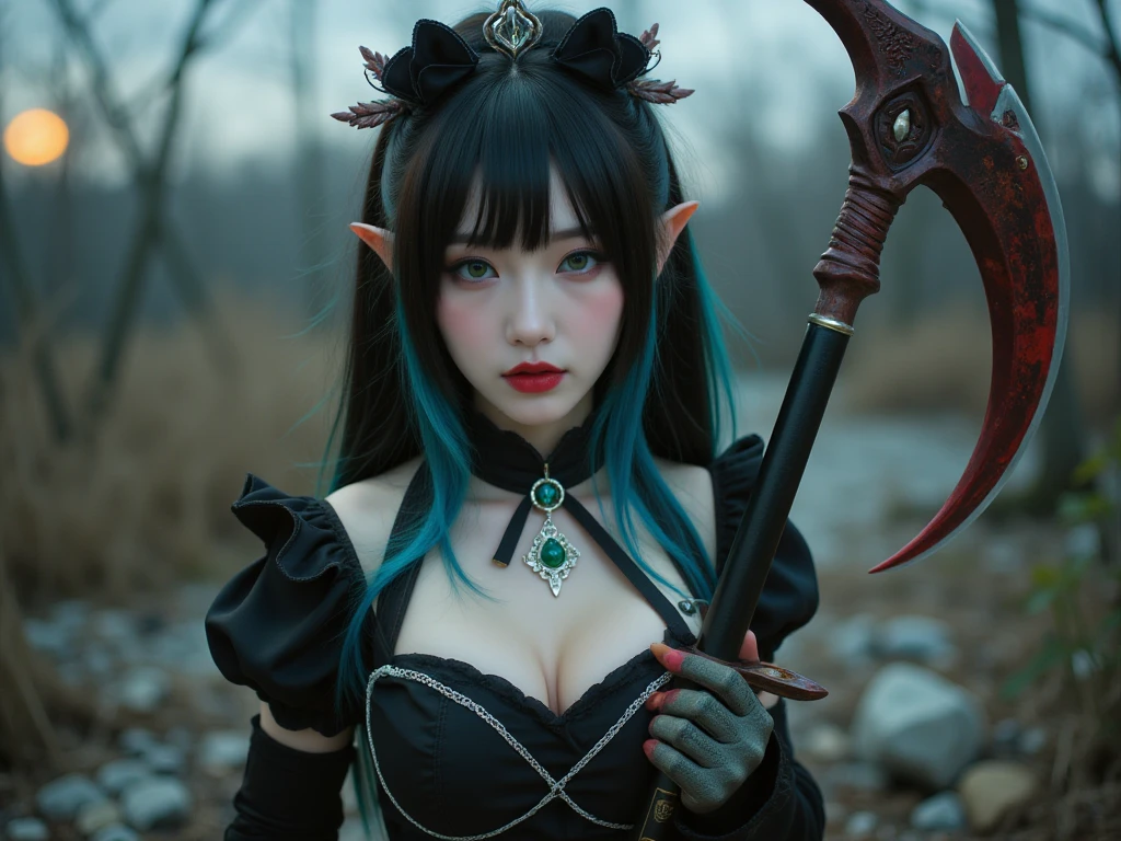 The character is a Japanese beauty, depicted in a hyper-realistic photorealistic style.、She sits against a dark and mysterious backdrop,。she has glowing green hair,、and she wears a black corset-like dress.。and large, black, devilish horns sprout from her head.、with large black wings spread behind her.。Her eyes are a vibrant green,、Her expression conveys a strong will,。The lighting is soft、The focus is adjusted to highlight her face and chest,、highlighting her beautiful features in contrast to the dark background.。Consists of a vertical screen、The character's details are meticulously rendered,、enhancing the overall realism.。