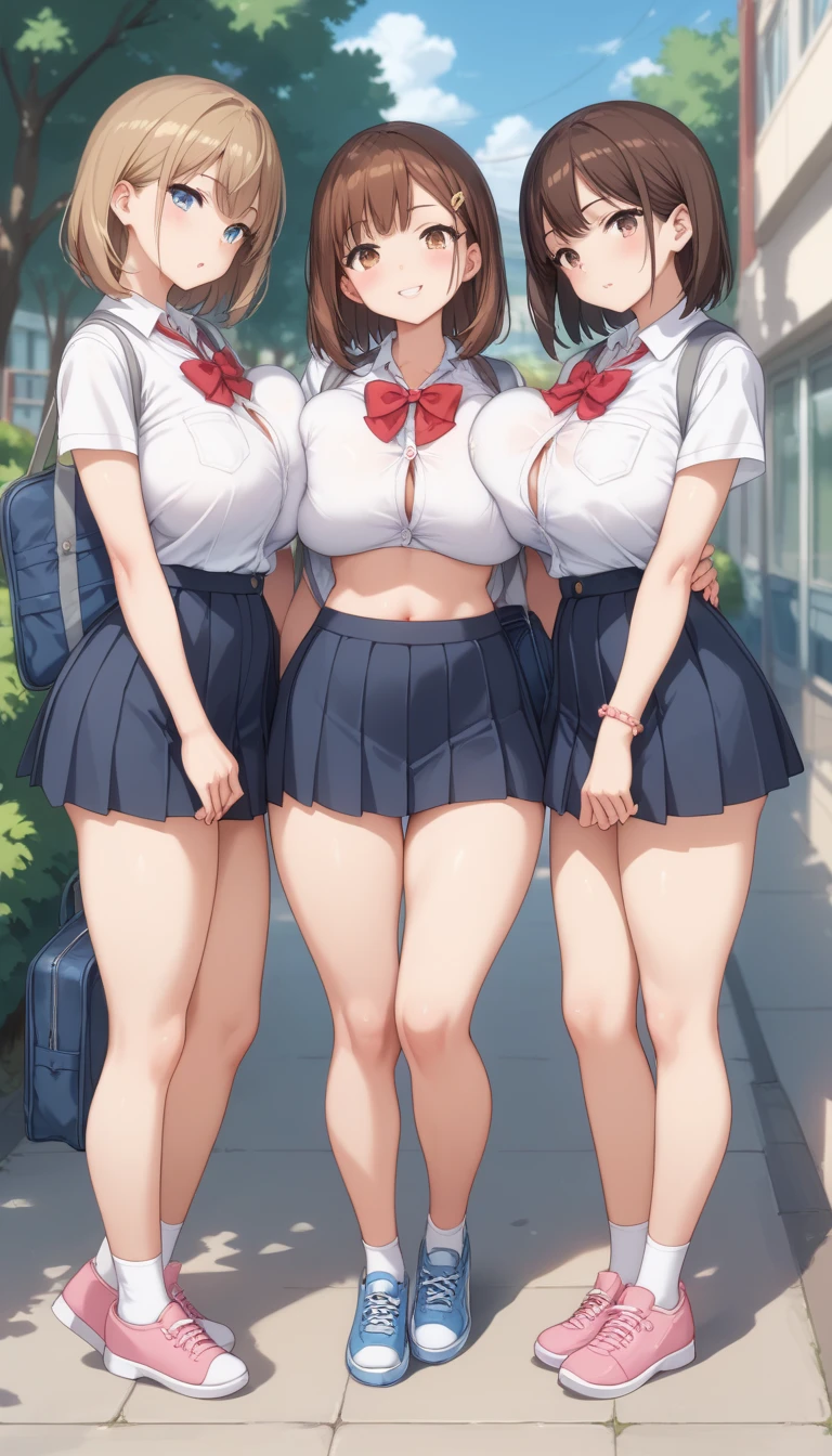 ((3 High school girls standing in a row、tits、Big Breasts、See-through nipples、Cleavage、White shirt、Navy micro pleated mini skirt、Thighs、Black Hair、crowded train、Molester、Highest quality、をくっつける、Sweat、Drooling、Lewd smile、Panties))