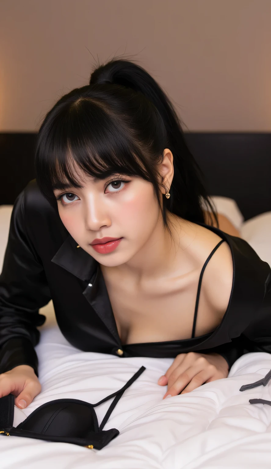 a woman, sleeping on your stomach on the mattress, body facing the camera , eyes looking at camera , wearing a black satin material sleeping shirt, underwearless, show cleavage, big hanging, thick red lips, seductive face, slim waist, black ponytail hair, bra and underwear strewn on the mattress