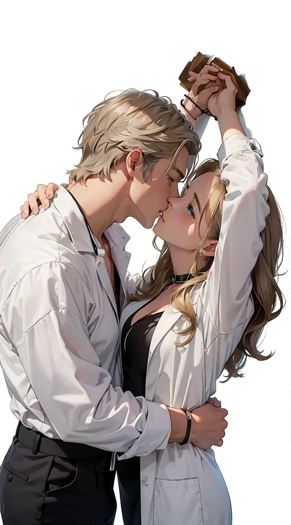 Upper Body,(一个帅气的金发欧美男子kiss一个20岁的欧美女模特)kiss,Hands propped up on the wall,Golden brown hair,Ponytail,A boy,A girl,Boys wearing white shirts,Black suit pants,Girl wearing white coat,Black dress,(Blue Eyes:1.2),muscular,Caucasian ethnicity,Atmosphere,High Detail,Standing,The background is the laboratory