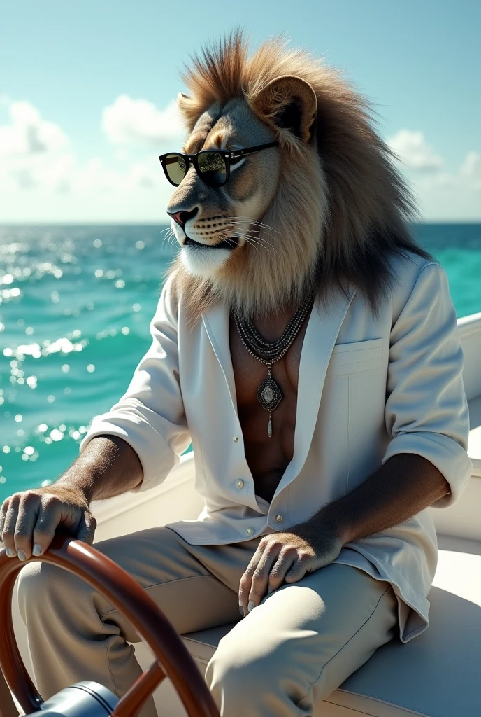 A slender, muscular man sits on a modern boat, showing off his body and arms and red pants. The figure is adorned with several gold chains and Gucci belts. Nearby is a small, muscular gray elephant with a chain. The background is a calm blue sea and distant mountains under a clear sky. The rails of the boat are designed with gold chains, adding to the chic atmosphere.