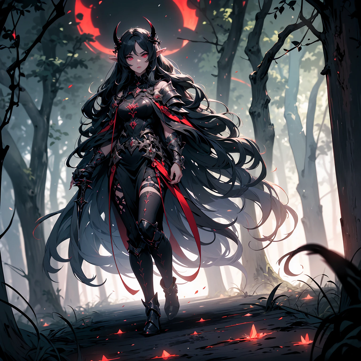 masterpiece, high quality, illustration, extremely detailed, 1_women, (full body), (exotic skin_complexion:1.4), pale grey skin, mature, statuesque, tall, beautiful, exotic, with long elf ears, (looking away from the viewer), stoic expression, serious face, (((black veil covering face))), bare shoulders, wearing (diaphanous) robes, black choker, (thigh highs) with silver embroidery, long fingerless leather gloves, tall black boots, ((medium breasts)), black gothic dress, black hair, long hair, realistic and detailed face having (((red eyes)), ((glowing eyes)), dark_eyeliner, long_eyelashes), natural dynamic lighting casts detailed shadows, dark forest, mist, fog, hiding in the shadows,