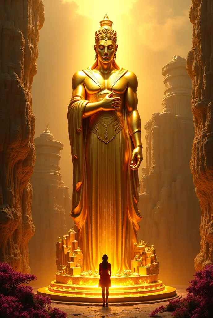 epic giant golden statue of a god over a city, Text:" Godcity", <lora:artdecopostsdxl:0.8>, art deco style,
