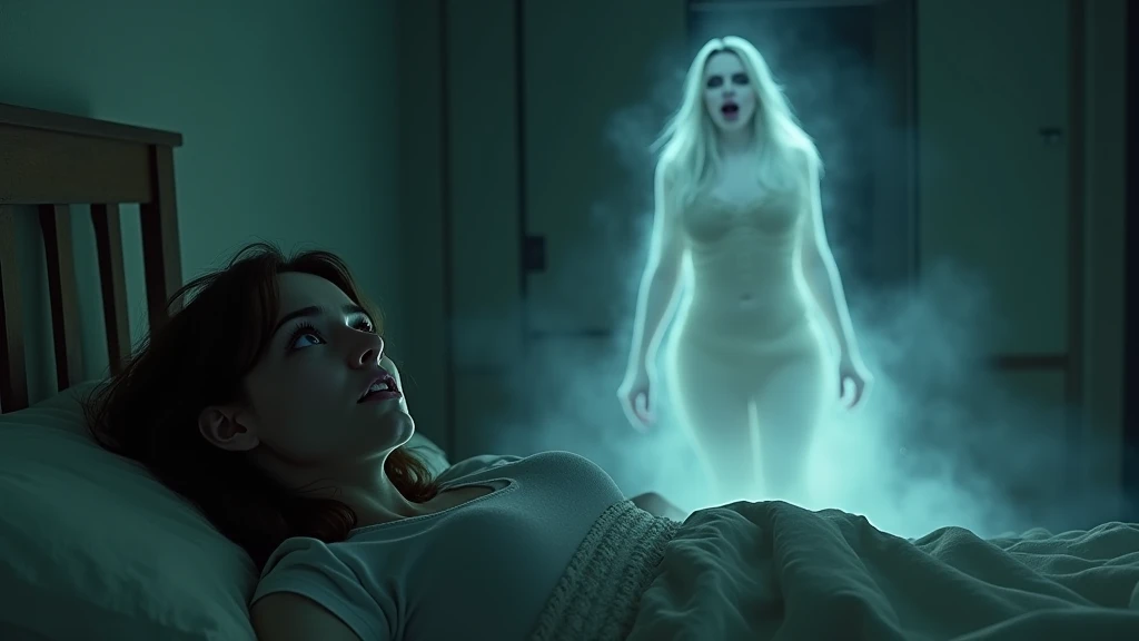 emaciated naked body.very thin skinny girl. fabulously long thin legs in heels. flies above the ground. in the illuminated bedroom flies. aura of magic around the body glow. face is scared. covers her chest with her hands.