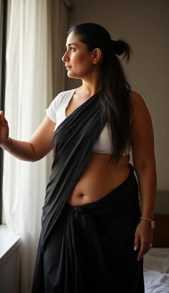 indian Tamil woman wearing black saree, ((no nudity)), 8k uhd, digital SLR camera, soft light, high quality, film grain,high detail,UHD, masterpiece, accurate, anatomically correct, super detail, high quality, 16k, highres, award winning, ((full body shot)),soft light rays, realistic skin texture, extreme skin details, insane details, intricate details, amazing fine detail, photorealistic, photograph, realistic, realism, photorealism, film grains, lifelike texture, dynamic composition, contrast lighting, sharp focus, raw photo, photon metering, analog photo style, photography with Hasselblad camera, f5.6 lens 500mm, Kodak Portra 400 4x 5, anatomically correct, visible navel