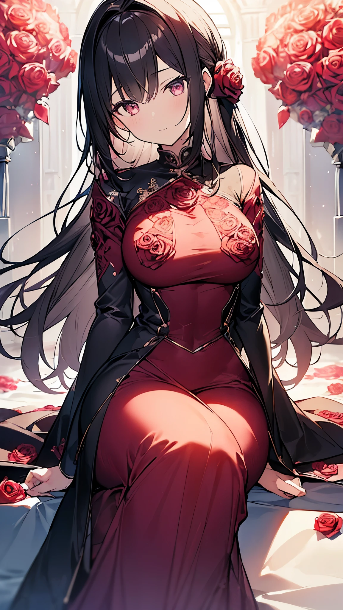 long black hair,close up,dream world,Elf royal sister,long black hair凌乱的发丝,red lips,Nice red eyes,ruins background,Black Rose Garden,grace,Manicure,Huge wide-brimmed black hat,(Black lady hat),necklace,humanoid,Baroque, Her skin is very white, fair complexion,(Black lace long dress,Black lace suspenders),pointed toe high heels,