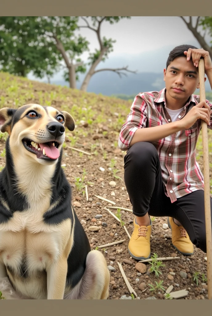 A small boy cut a tree and sudden see a dogs that killing a snake