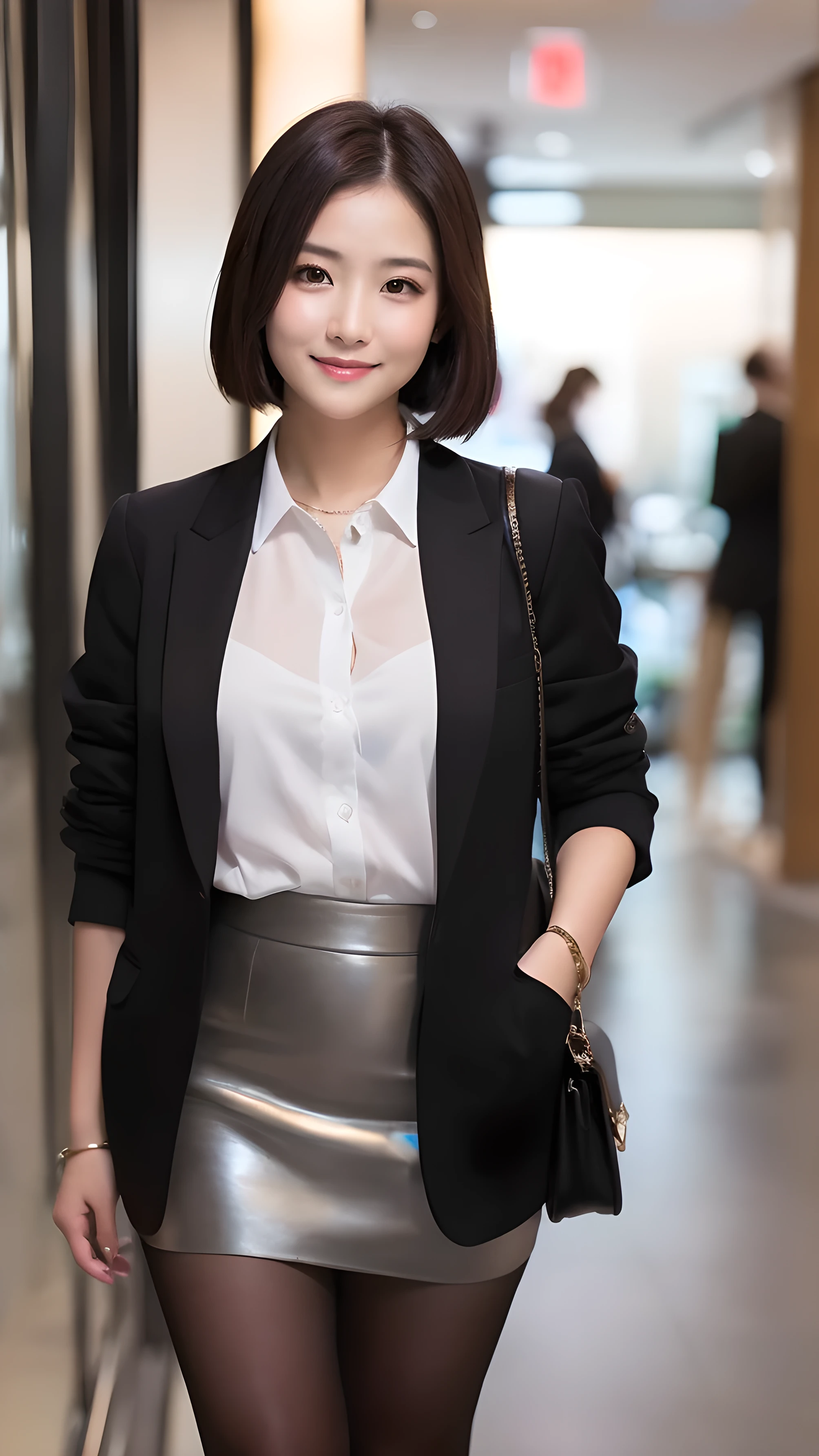 8k, highest quality, 複雑なFamiliar, Super detailed, Ultra-high resolution, masterpiece, Random Angle, thin, smile, (Compensate: 0.4), (ふわふわのblack eye: 1.21), black eye,, ((whole body)), 1 girl, alone, 1 girl, (( whole body、Are standing)), Close-up shot, ((expensive)), (((Fits your body))), (((Slim face))), Sharp Face, Clear Eyes, (((Black Hair, short hair, )) (Familiared face), Sharp Face, Small lips, thin lips, ~ ~ ~ side , Familiared face, Familiared breast,, big breasts, Familiar, Breast Botox, big, Perfect body, Familiar leg, (( morning、city)) 、unmanned、1 girl、30 years old、Beautiful Face、Long black leather boots、White tight skirt、White blouse、Black blazer、Are standing、自然なsmile、