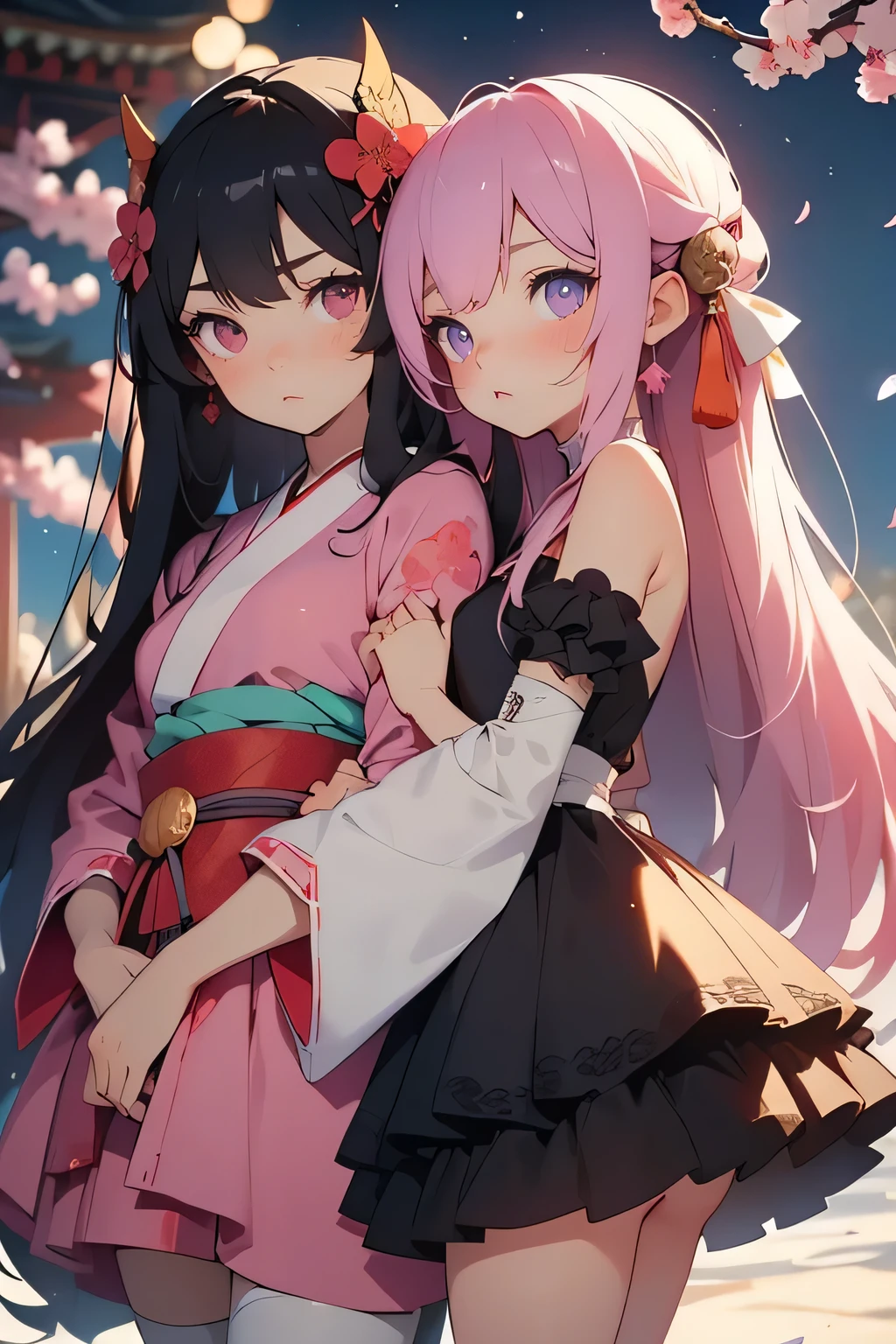 A semi-realistic anime-style digital illustration of two girls standing beneath a full moon in a quiet Shinto shrine at night. On the left, a warm, graceful girl in a soft white and pink miko outfit (Japanese shrine maiden) with long flowing hair and gentle eyes. She stands calmly, facing the other girl, hand resting on her chest, radiating a sense of kindness and emotional strength. On the right, a petite gothic ta girl with dark twin-tails, deep crimson eyes, and a black lace parasol closed at her side. She wears a layered black and purple dress with delicate frills, and bandages subtly wrapped around one arm. Her gaze is sharp and challenging, lips slightly parted as if mid-sentence. The two stand a few feet apart under the glowing moonlight, sakura petals drifting in the wind. The atmosphere is tense but beautiful, like a quiet emotional confrontation. No NSFW.shrine at night, full moon, cherry blossom petals, emotional tension, gothic lolimiko girl, twin tails, bandages, dramatic lighting