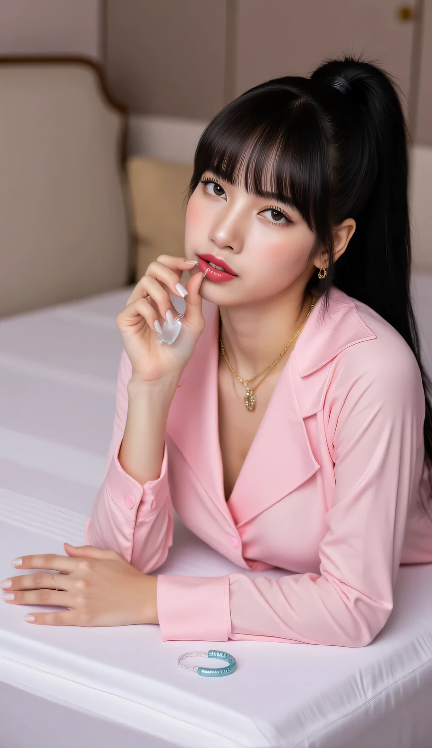 a woman, sleep on your stomach on a mattress, shirt looks full body, eyes looking at camera , lip biting condom, use an oversize shirt in pink, underwearless, big  size G-cup, hanging breasts, Visible cleavage, red lips, bras and condoms strewn over the mattress, black ponytail hair