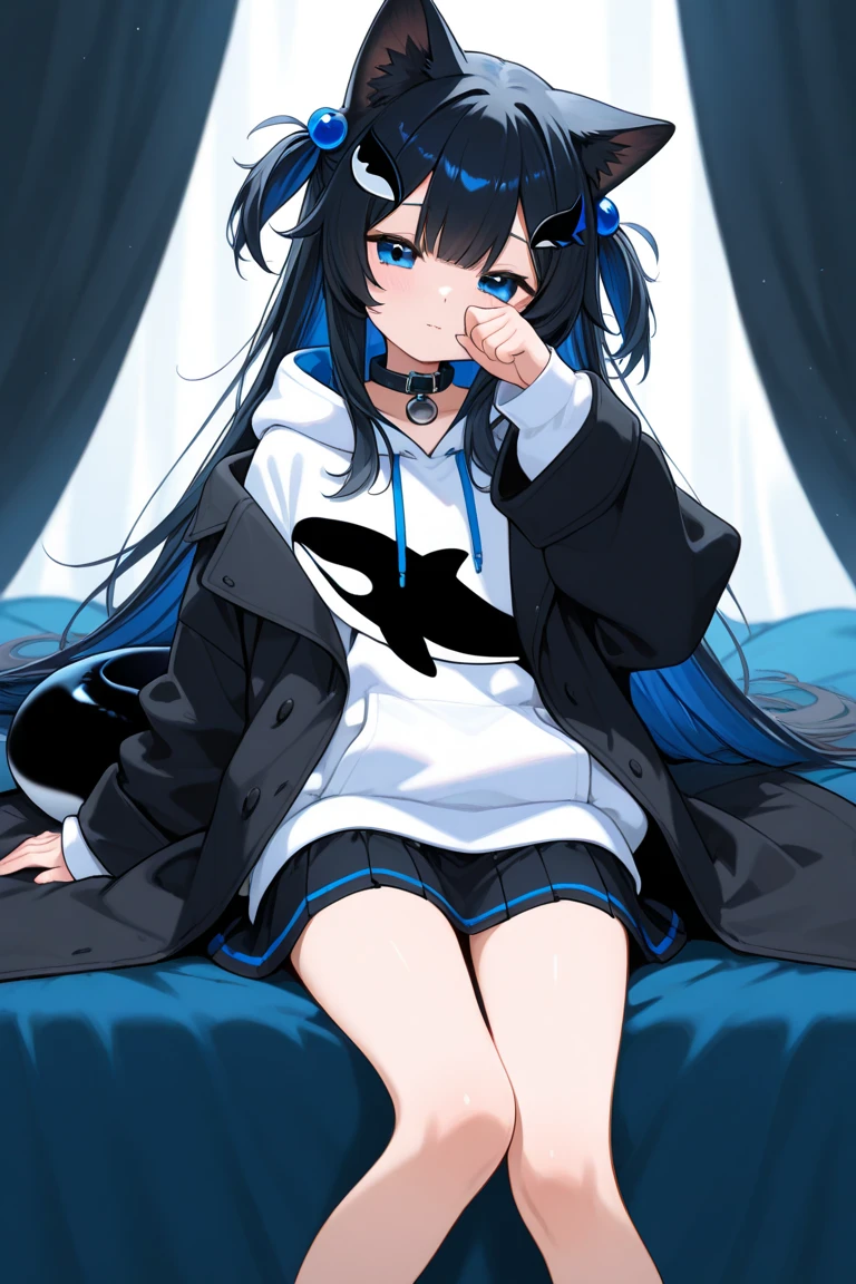 please draw me a teen girl with below description.
Hair: a long black haired with some blue color shaded inside the hair and have 1 curled hair in front at the left side
Eyes: a black eyes with blue shade below the cornea and has white small light up at the up right corner
Face: a really honest smile like she is smiling for her boyfriend.
Body: has a 33 bust size, 25 waist size, 29 hip size, and 155cm tall
Cloth: Wearing a white undershirt with a small black star logo in the left chest, and using a black-blue shade color jacket off, and wearing a black-blue shade color, and a black stocking in the legs, and wearing a black rope shoes.
Make this girl sitting on the bed, hugging a blue-white penguin doll with both hands, and in the penguin style bedroom environment