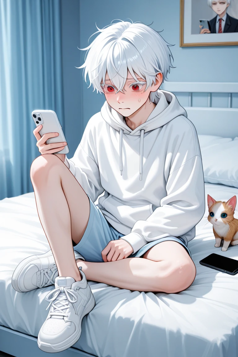 An anime image of a small white haired boy suckling a baby pacifier and wearing a diaper and blue shirt with cute baby animal designs. Baby toy, nursery, high quality, night, high moonlight,