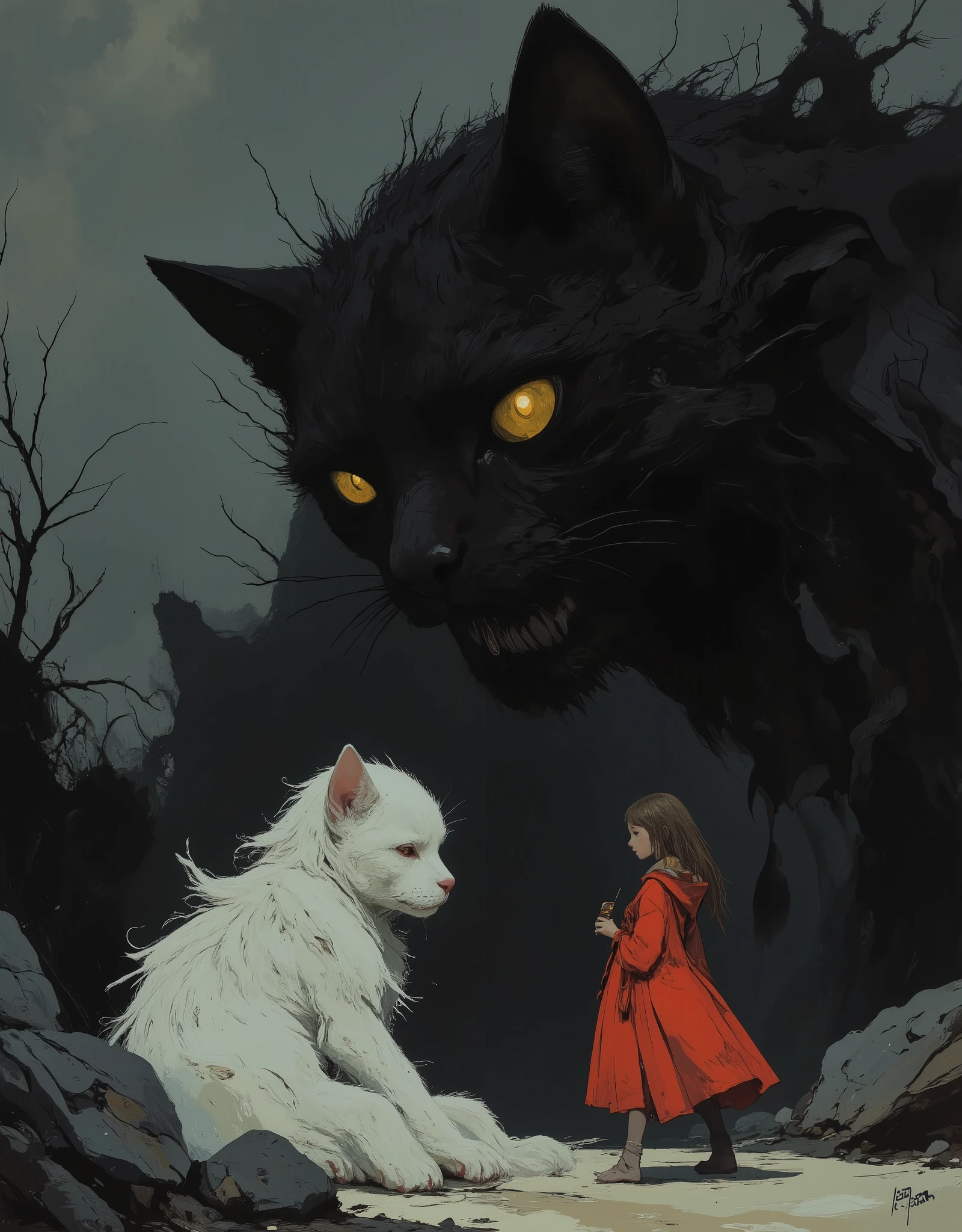 A breathtaking digital painting in a fantasy and surreal style. In the center of attention is a huge ferocious black grinning cat with bright burning yellow eyes, staring predatory at a tiny
white fluffy frightened puppy, the cat dominates the composition. The cat's tousled fur is applied with textured brush strokes, which gives it a sense of depth and realism, silvery long vibrancy. The cat's muzzle is lowered to the ground, the ears are slightly tilted, which creates a feeling of aggression and attention.
In front of the cat is a small silhouette of a white fluffy puppy, visible from behind, almost ghostly. The puppy expresses fear and submission with his whole posture, tail tucked in,
The background is designed in a minimalistic style, with a gradient from dark to light gray tones, which creates a sense of depth without distracting from the main objects. The overall mood of the image is serene, but at the same time a little creepy: a big cat towers over a small figure, and a big cat looks sternly and menacingly at a small figure, creating a dynamic and somewhat frightening relationship between them.
The textures in the painting are rich and detailed, with an emphasis on the soft fur of the cat and the smooth, flowing fabric of the dress. The overall color palette is dominated by cool tones, with the exception of the bright red dress.